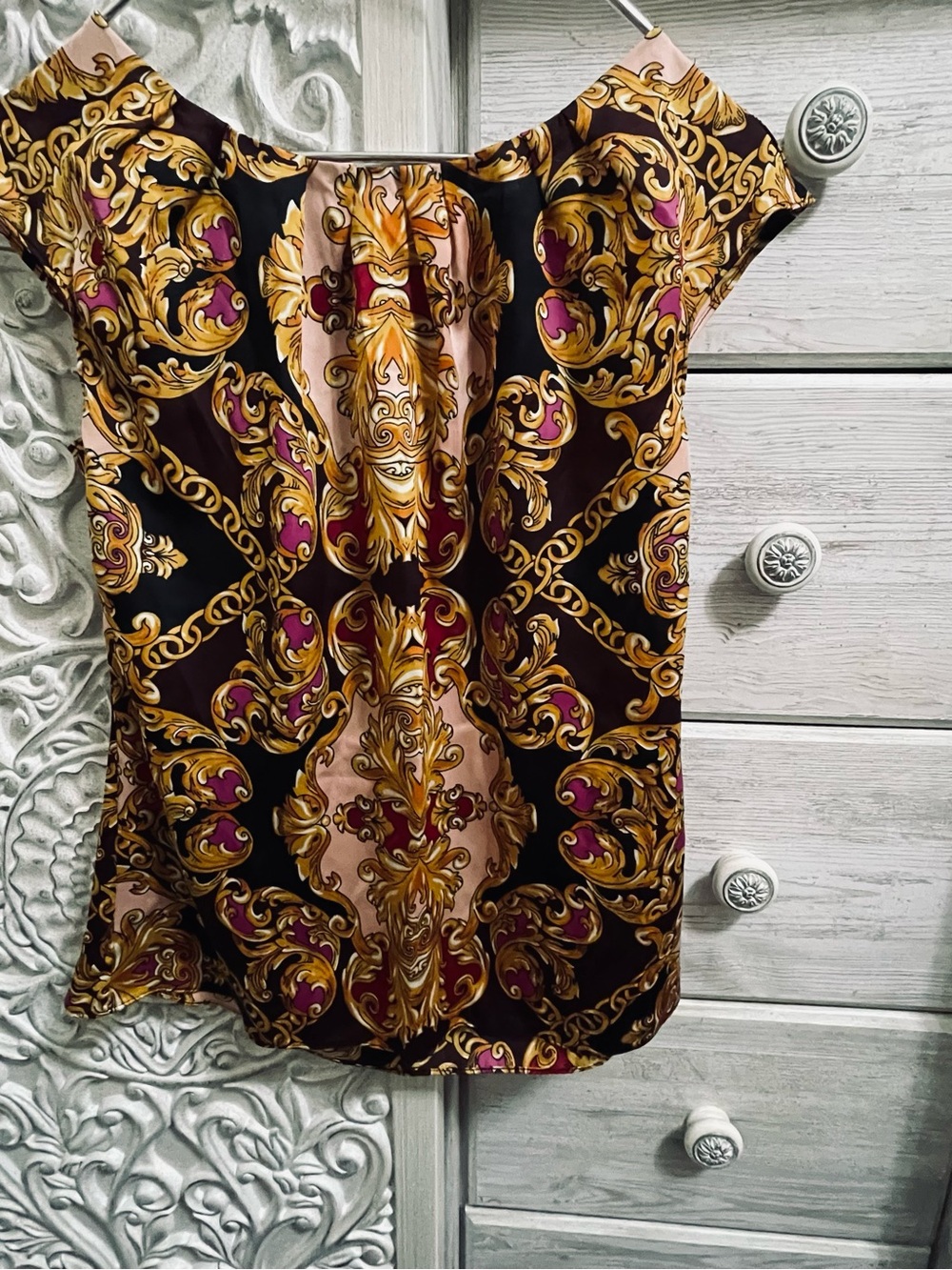 Worthington Baroque-Print Cap-Sleeve Top in Black, Gold & Pink